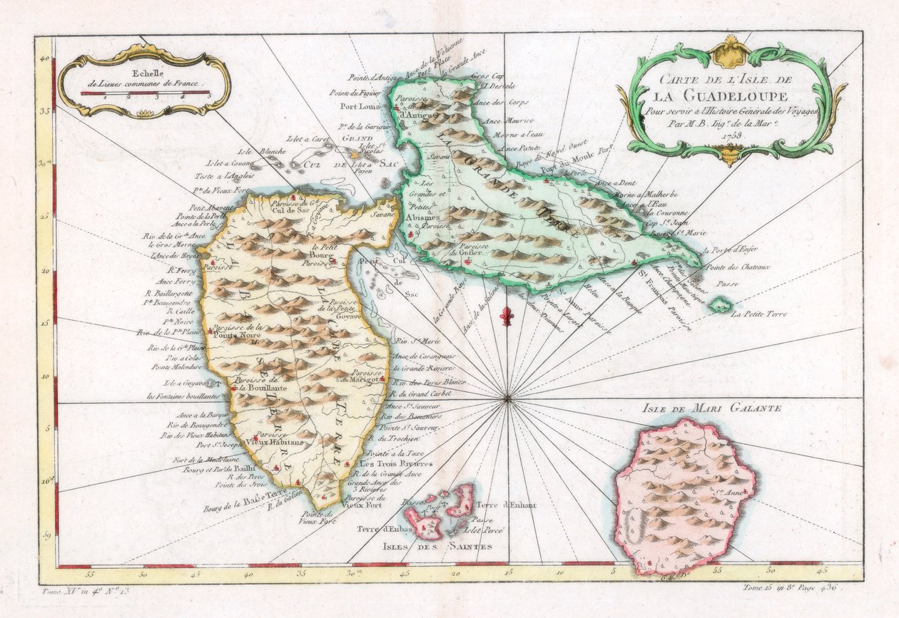 Kart over den karibiske øya Guadeloupe, c1764 av Unbekannt