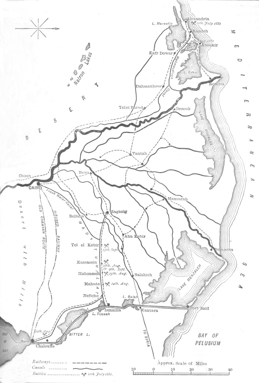 Kart over Nilens delta, strategiske punkter i den egyptiske kampanjen, 1882, c1882-85 av Unbekannt
