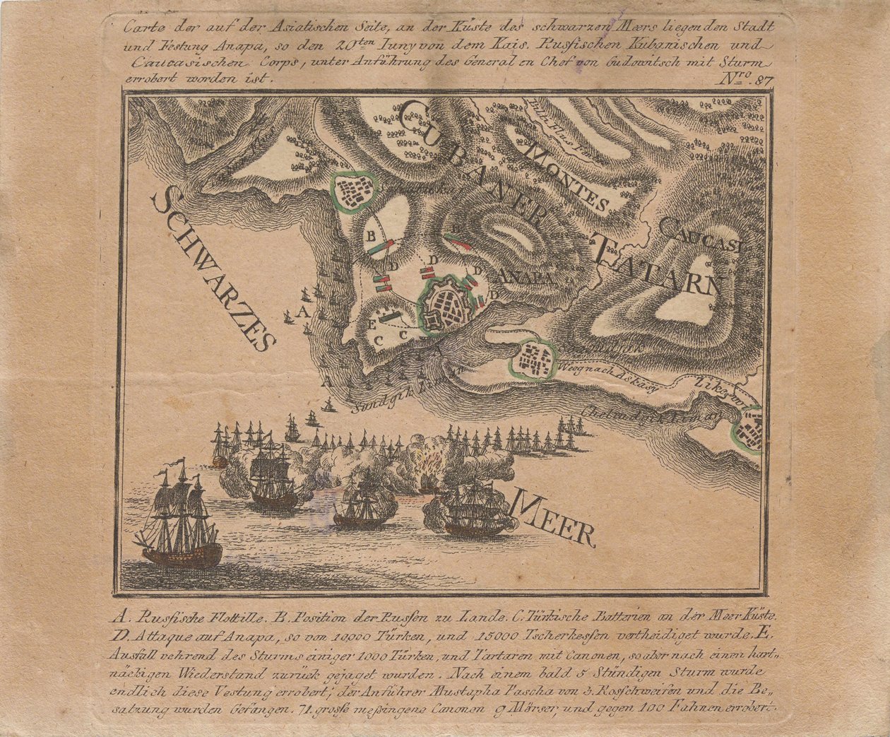 Kart over fangsten av sjøfestningen Anapa av russiske tropper ved Svartehavet i juni 1791, 1791. av Unbekannt