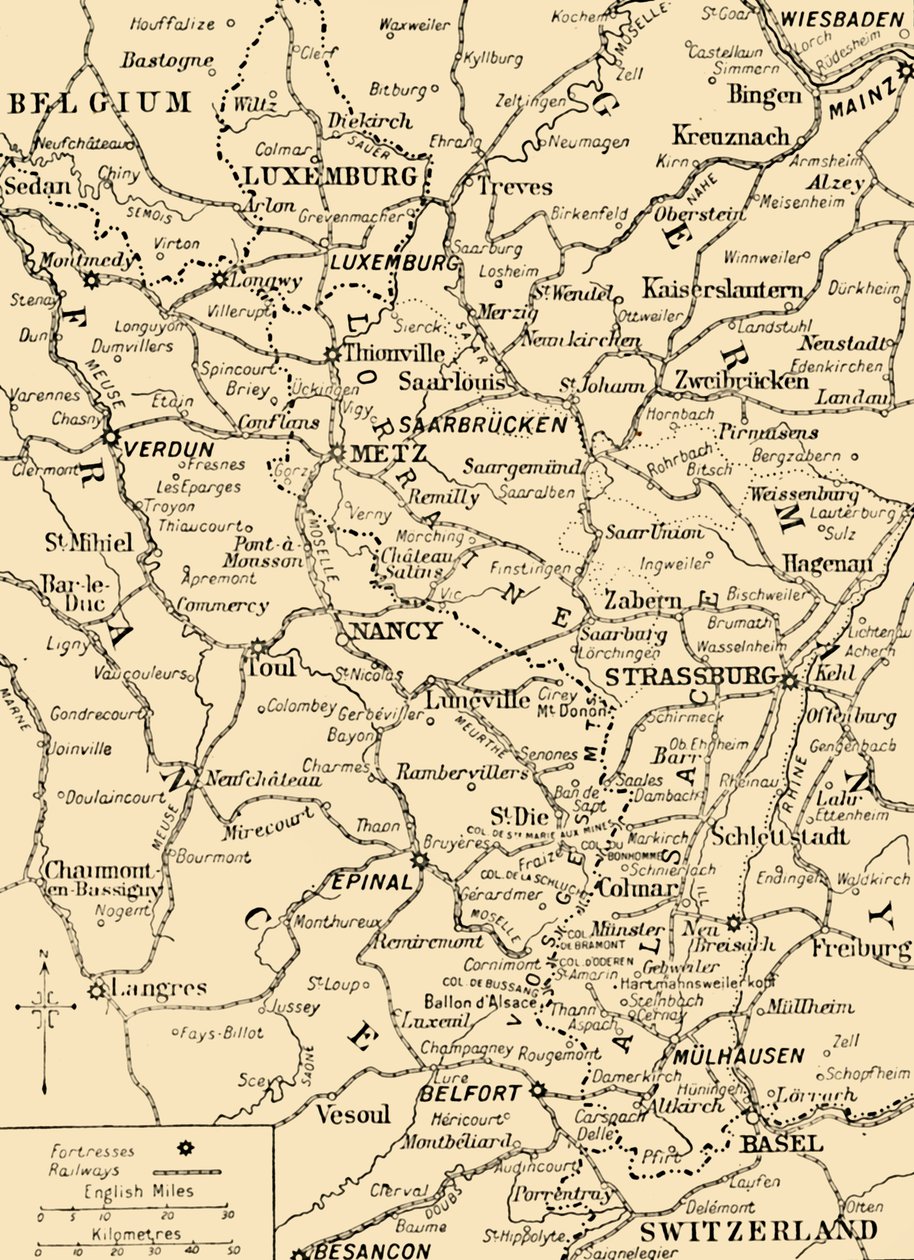 Kart som viser grensen mellom Frankrike og Tyskland, første verdenskrig, c1915, c1920. av Unbekannt