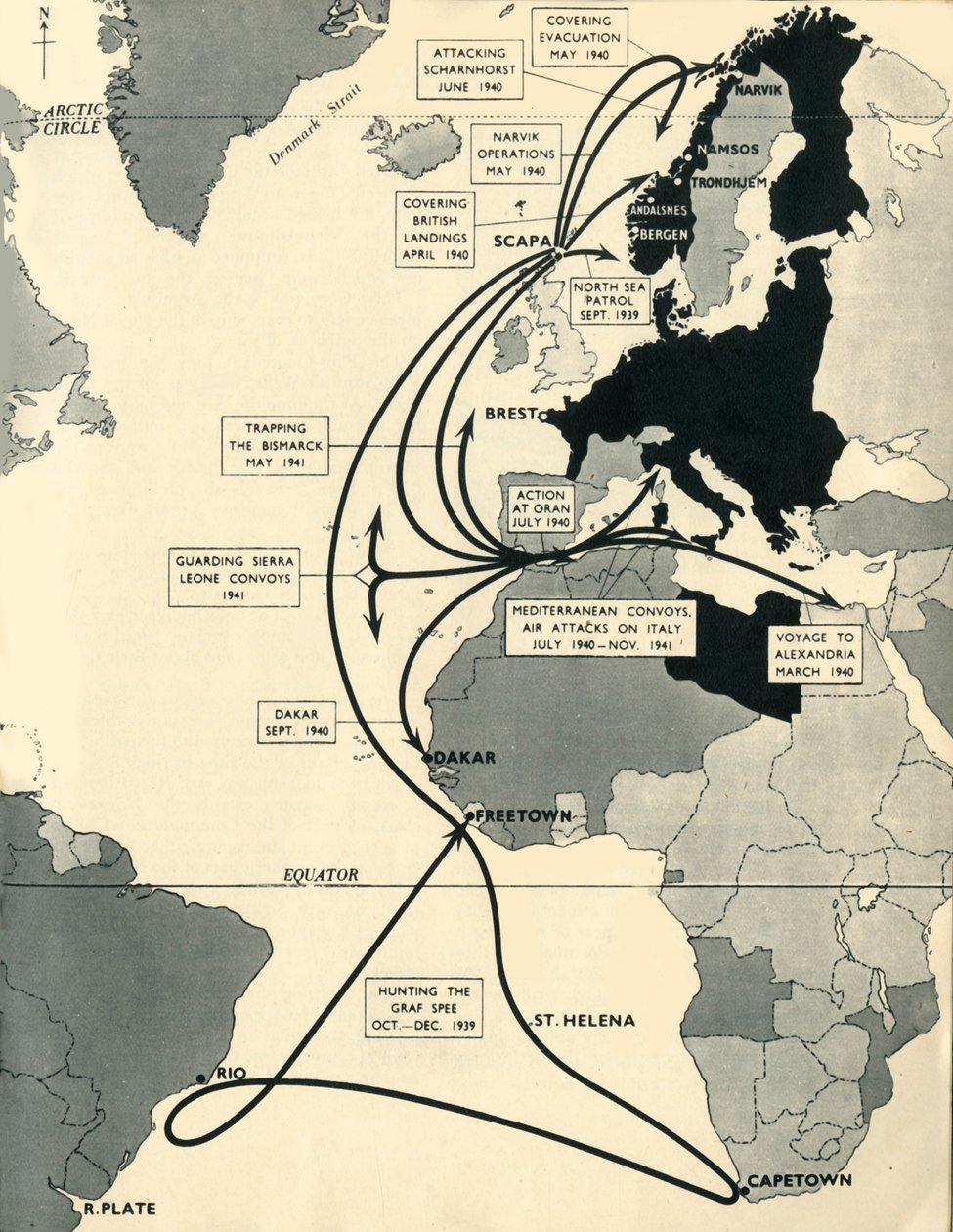 Kart som viser bevegelsene til HMS Ark Royal, 1939-1941, 1942. av Unbekannt