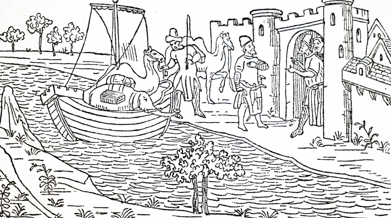 Marco Polo og onklene hans ankommer Hormuz. av Unbekannt