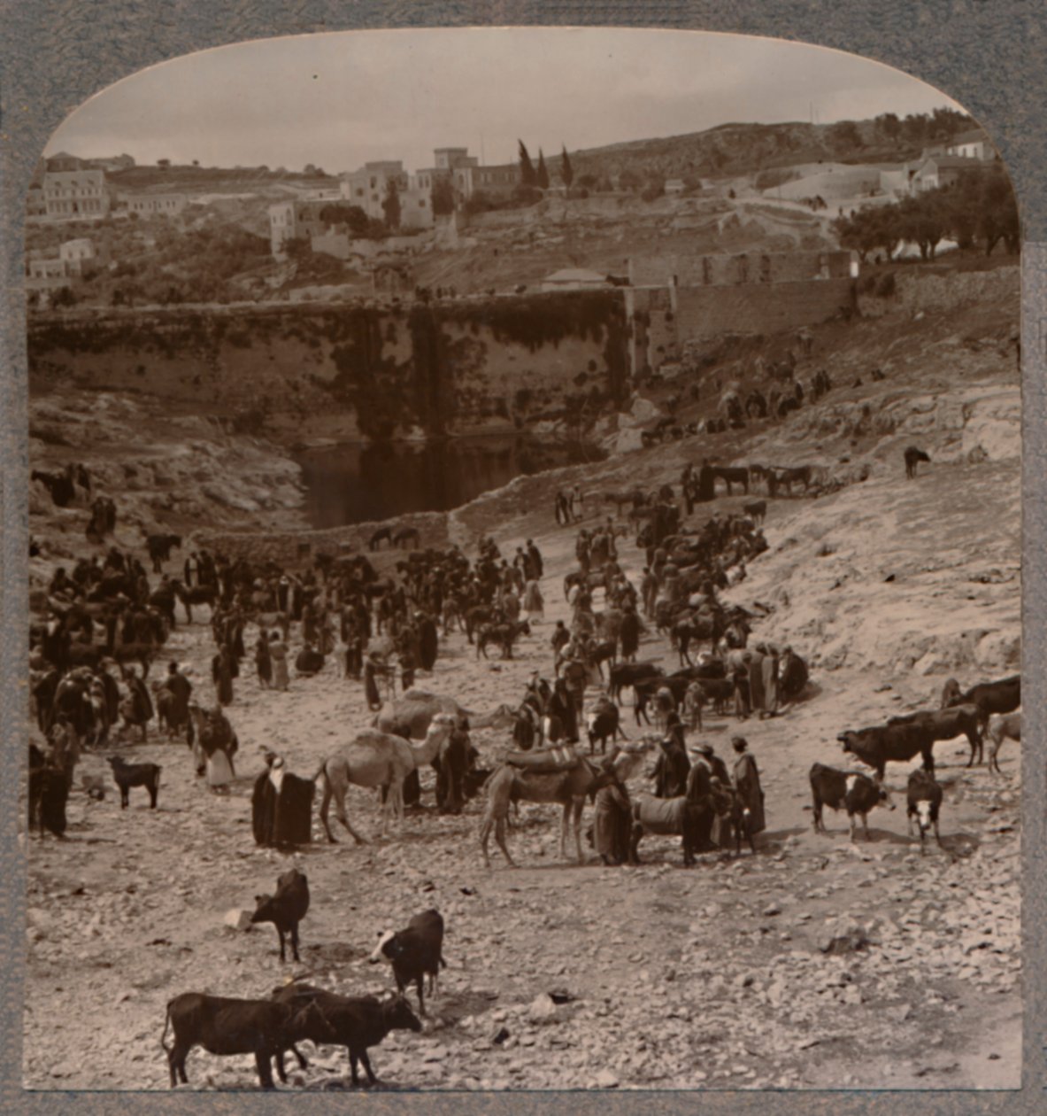 Markedsdag ved bassenget i Gihon, ca 1900 av Unbekannt