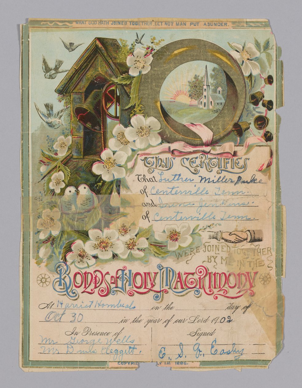 Ekteskapsattest til Luther Miller Pulce og Irene Jenkins, 30. oktober 1902. av Unbekannt