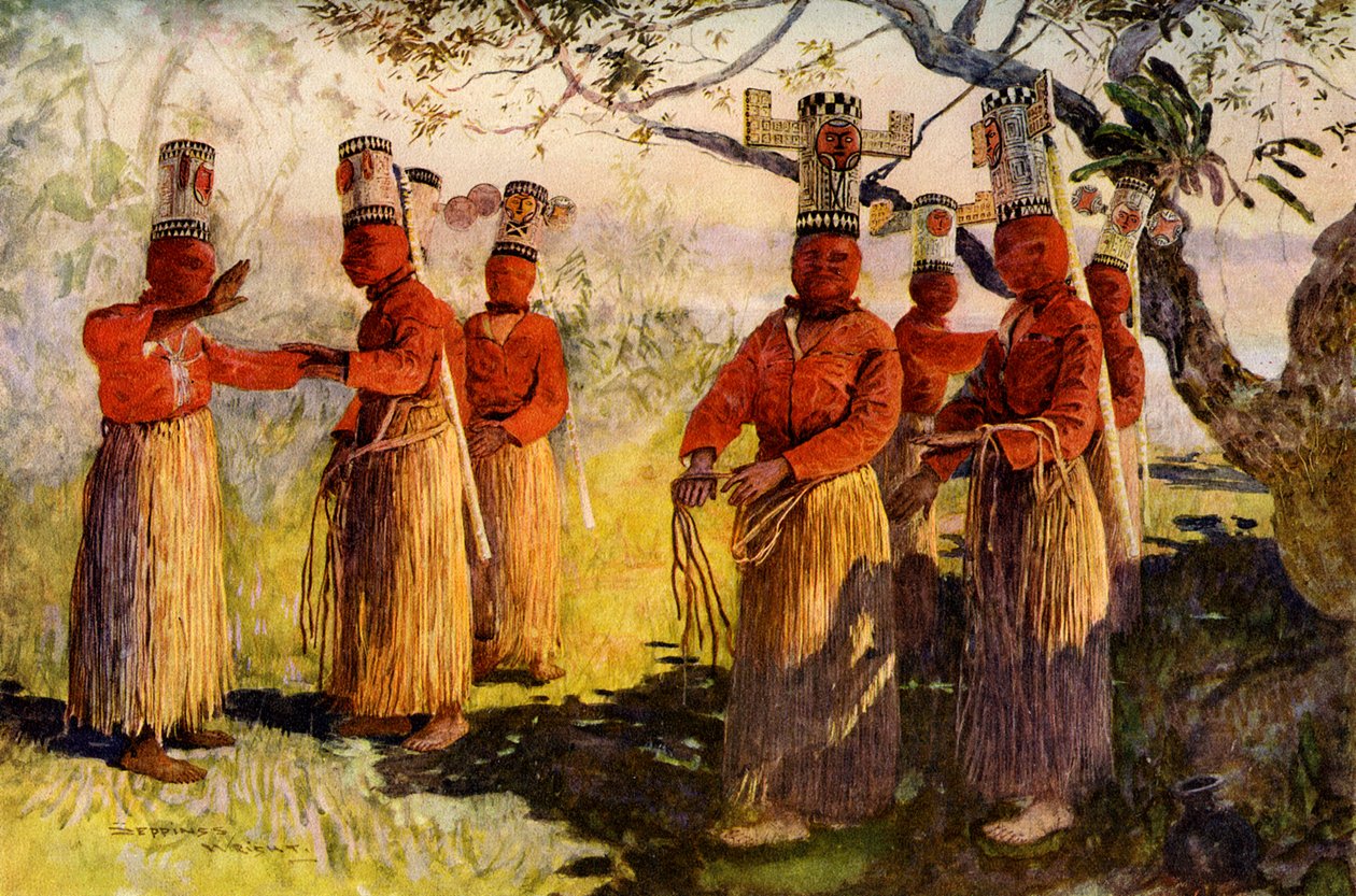 Maskerte dansere fra Opaina, River Apaporis, Brasil av Unbekannt