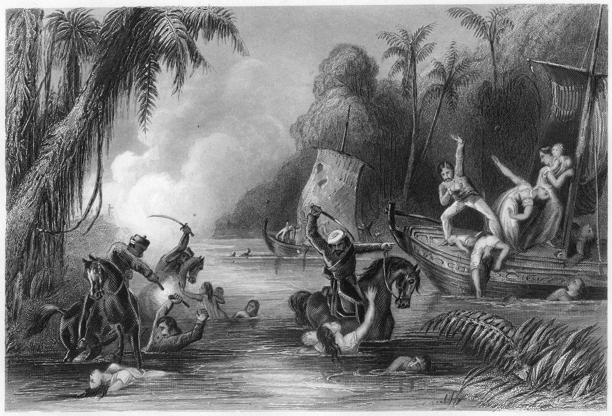 Massakre i båtene utenfor Cawnpore, 1857, c1860 av Unbekannt