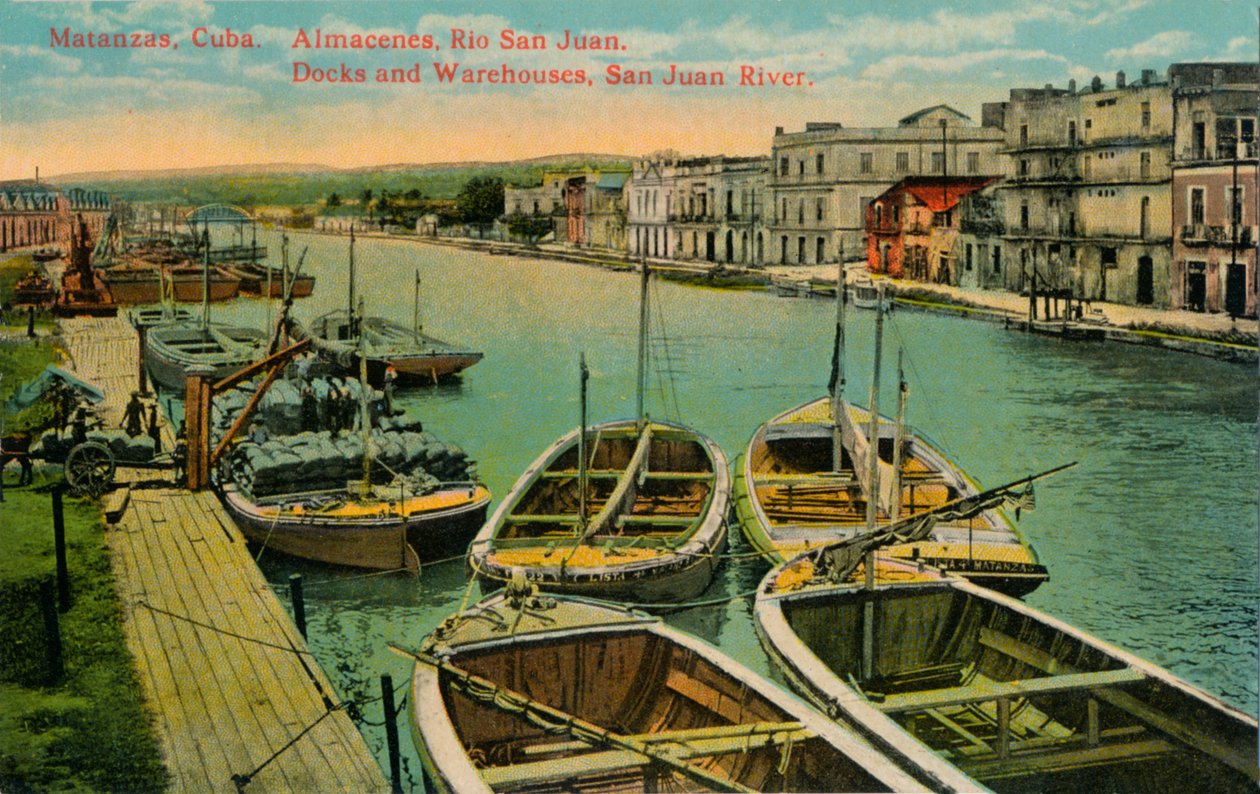Matanzas, Cuba. Varehus, Rio San Juan. Dokker og varehus, San Juan River, c1910 av Unbekannt