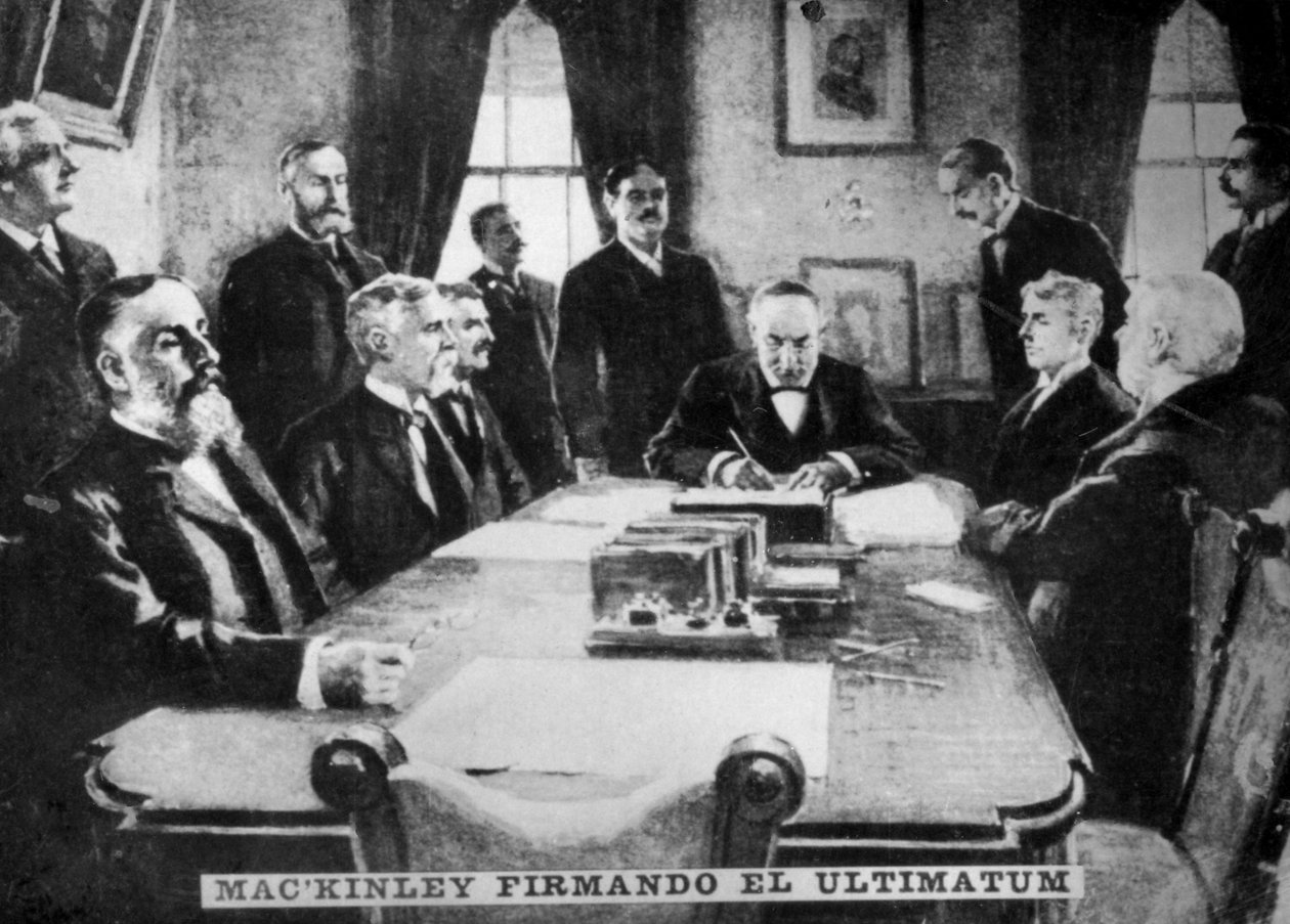 McKinley signerer ultimatumet, 12. april 1898, c1910 av Unbekannt