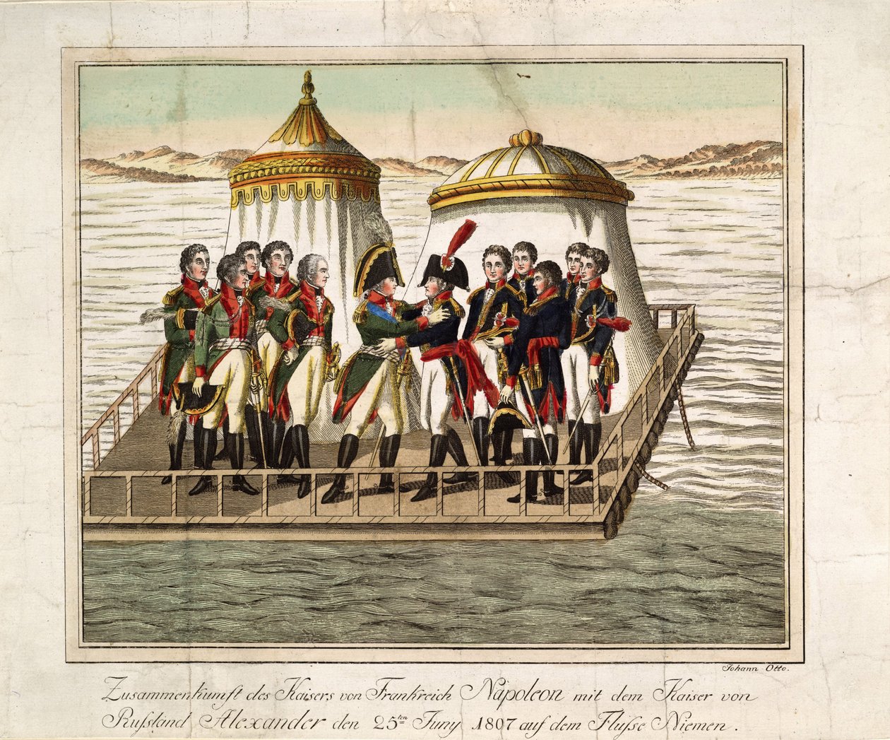 Møte mellom keisere Alexander I av Russland og Napoleon I av Frankrike ved Neman nær Tilsit, 1807 av Unbekannt