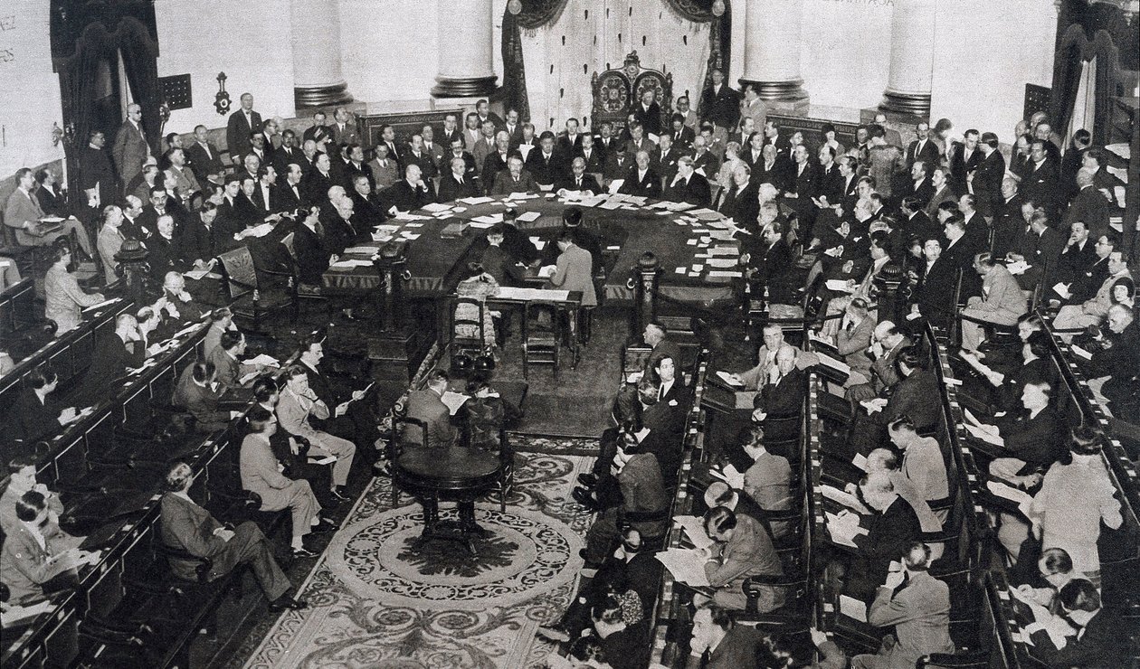 Møte i SDN eller Folkeforbundet 10.06.1929 i senatpalasset i Madrid, Spania av Unbekannt