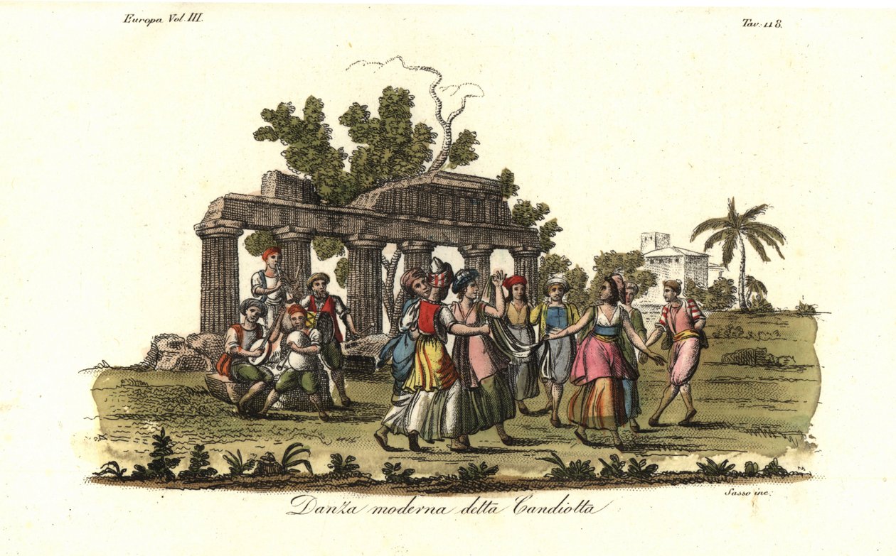 Menn og kvinner som danser den moderne Candiota- eller Candiotta-dansen, populær på øya Kreta på 1700-tallet av Unbekannt