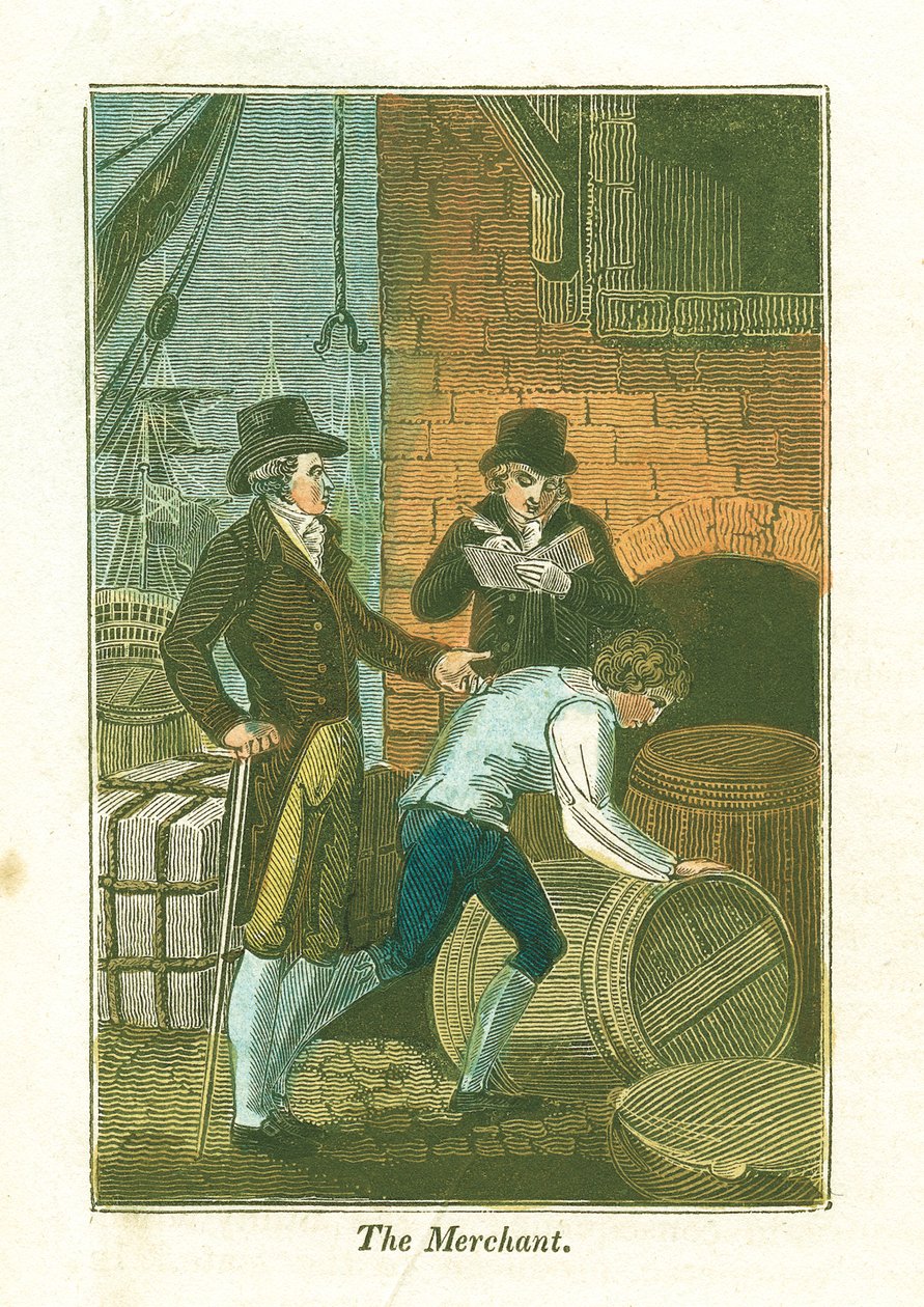 Kjøpmann og ekspeditøren hans ved kaien sjekker varer på et lager, 1823 av Unbekannt