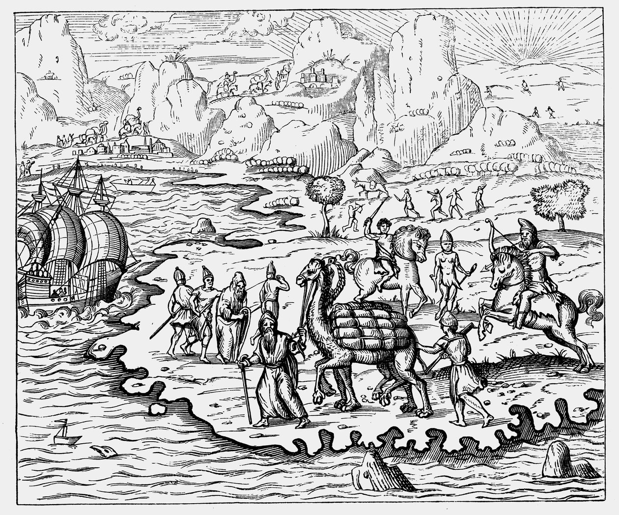 Kjøpmenn som frakter varer til kysten og et ventende fartøy med kamel, 1575 av Unbekannt