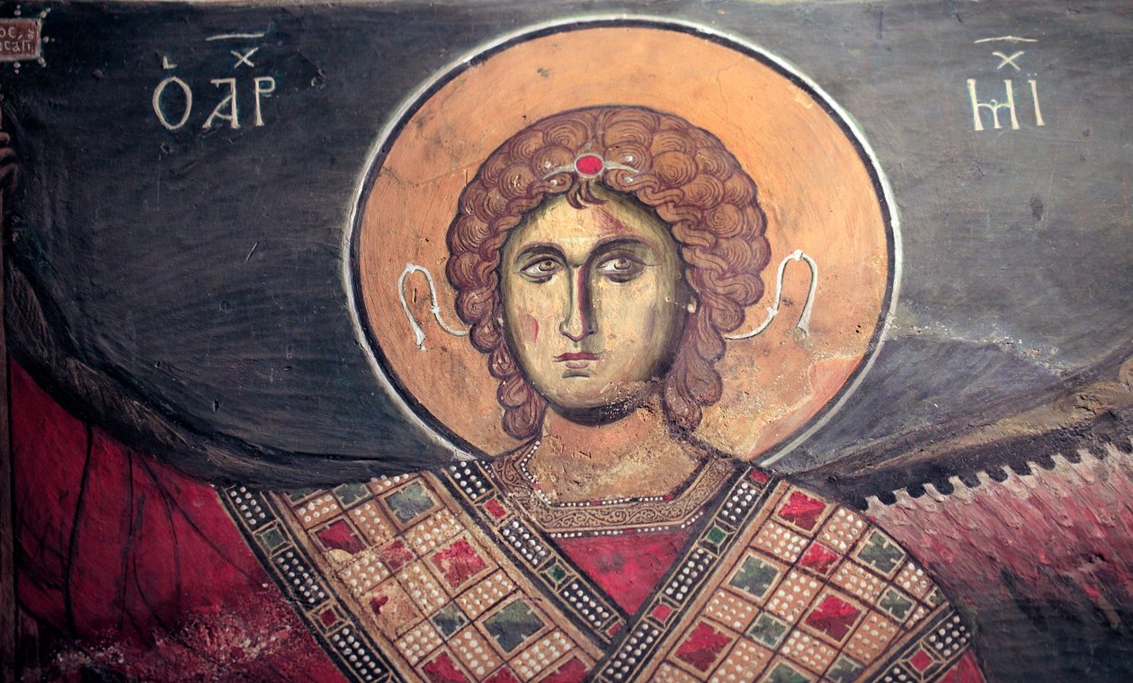Mickael erkeengel bysantinsk freskomaleri fra Panagia tou Arakos kirke 1100-tallet Kypros Malte kirker UNESCO-sted Troodos, Kypros av Unbekannt