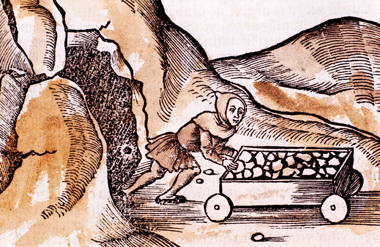 Gruvearbeider skyver en tralle fra en gruveinngang, 1508 av Unbekannt
