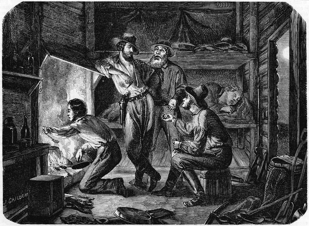 Gruvearbeidere i de kaliforniske gullfeltene slapper av i tømmerhytta om natten, 1853 av Unbekannt