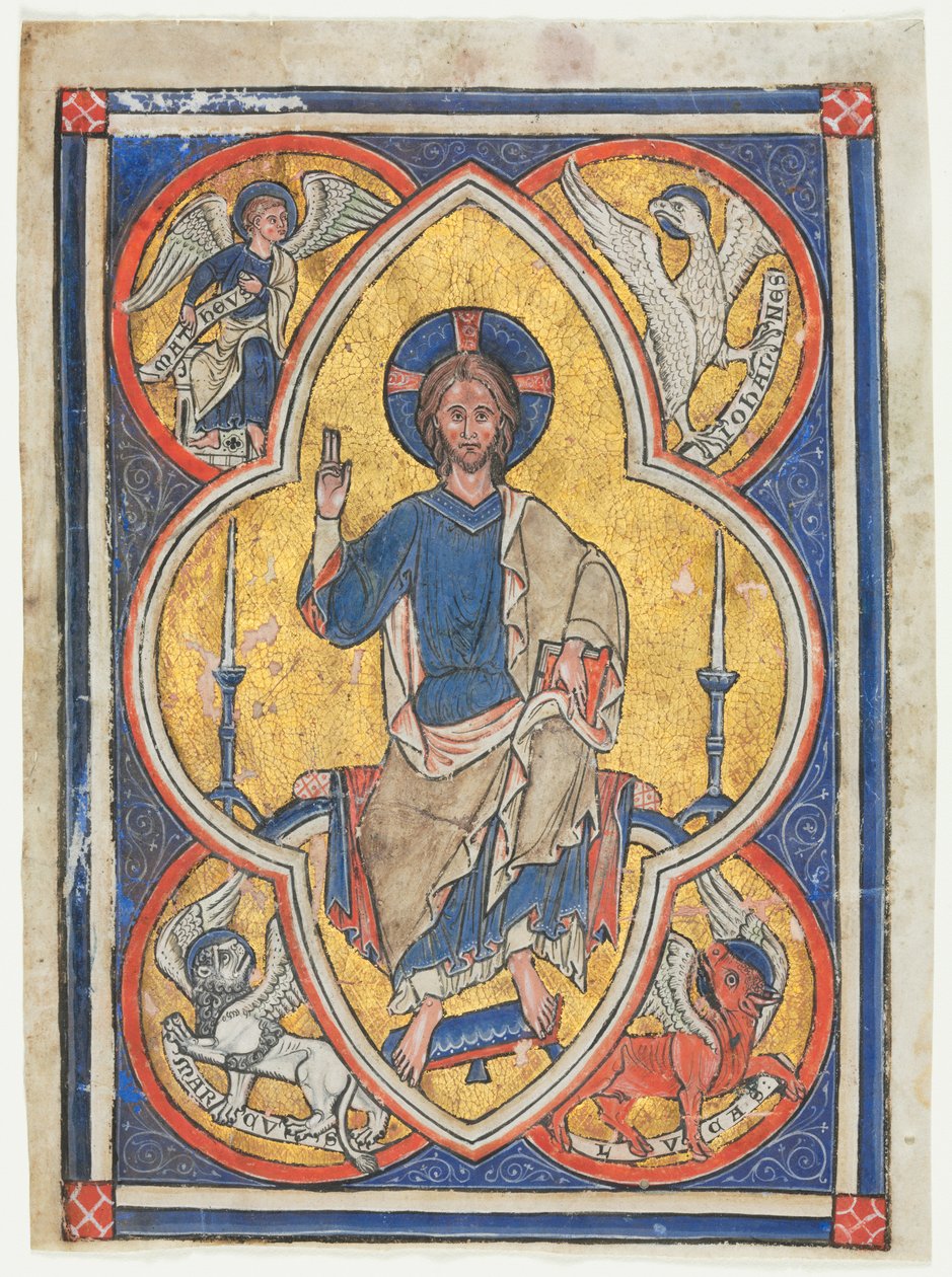 Miniatyr utskåret fra en psalter: Kristus i majestet med symboler for de fire evangelistene, ca. 1235. av Unbekannt