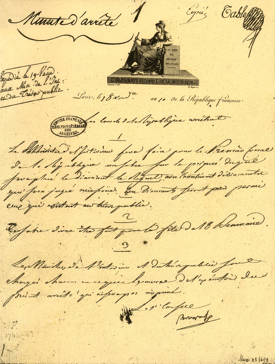 Ministeriell ordre om ... en ... sabel for den første konsulen, 10. oktober 1801, 1921. av Unbekannt
