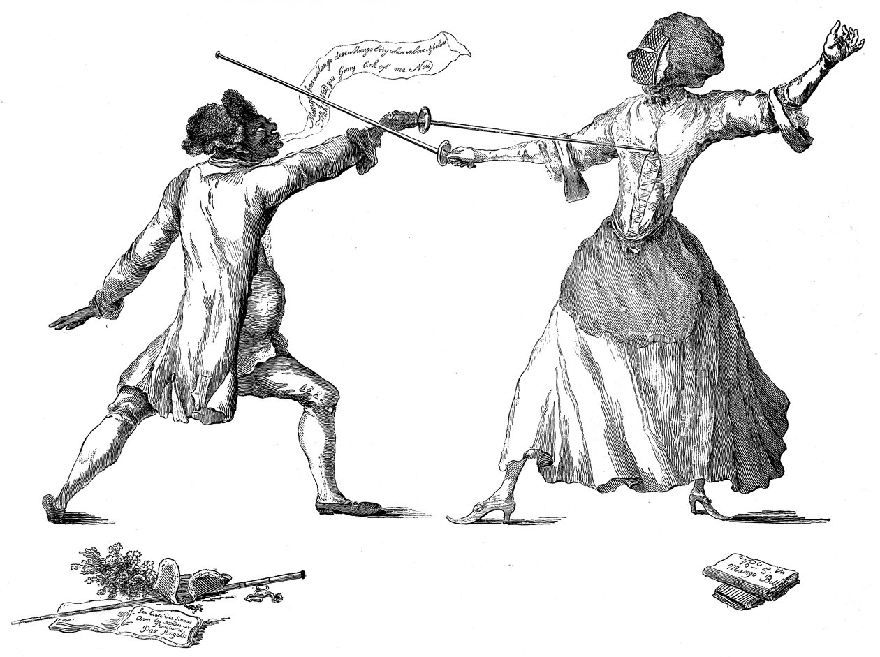 Mlle la Chevaliere de Eon de Beaumont fekting ved Carlton House, 9. april 1787 av Unbekannt