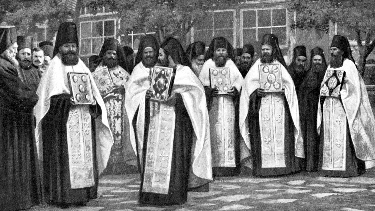 Munker fra den greske kirken som bærer bind av liturgien, Hellas, 1922 av Unbekannt