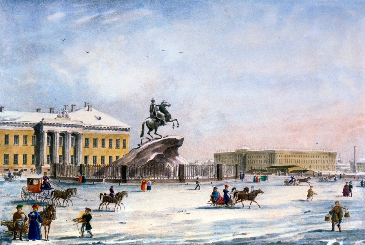 Monument til Peter den store på Senatsplassen i St Petersburg, Russland, vinter, 1822 av Unbekannt