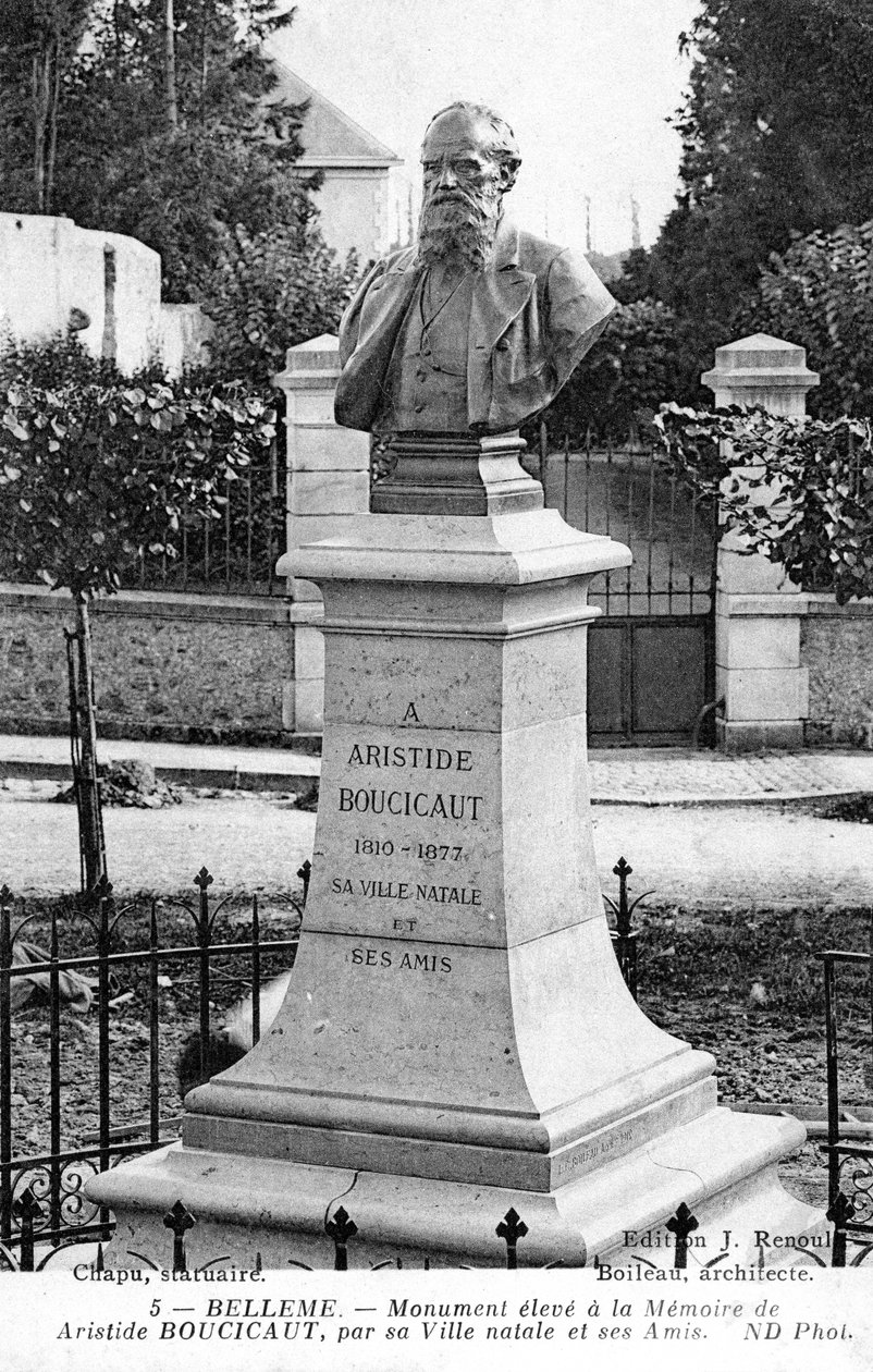Monument til Aristide Boucicaut utenfor hjemmet hans i hjembyen Bellême, Frankrike (litho) av Unbekannt