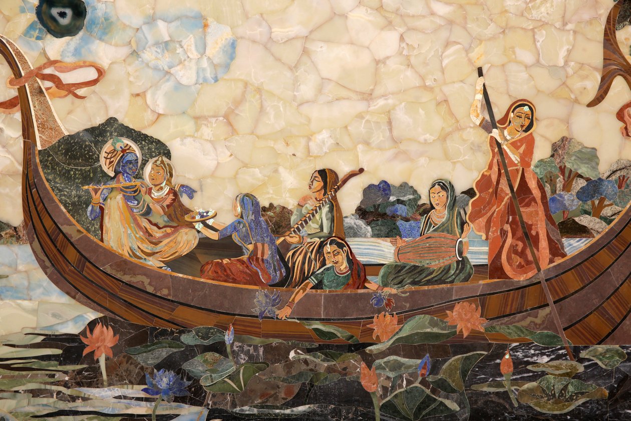 Mosaikk som viser hinduguden Krishna med gopis i en båt. India av Unbekannt