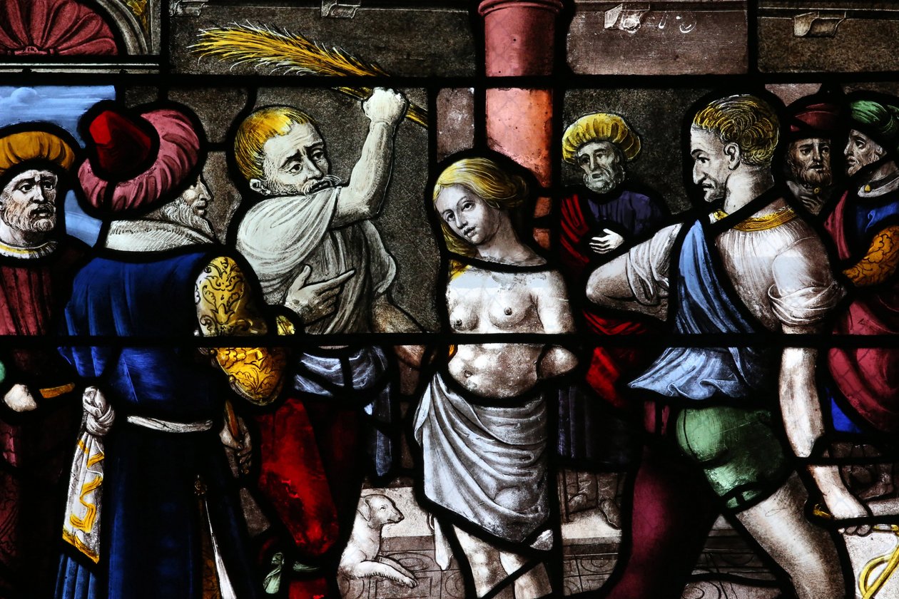 Moulins katedral. Glassmaleri vindu. Stor martyr St Barbara. Straff, 20160603, Moulins, Europa av Unbekannt