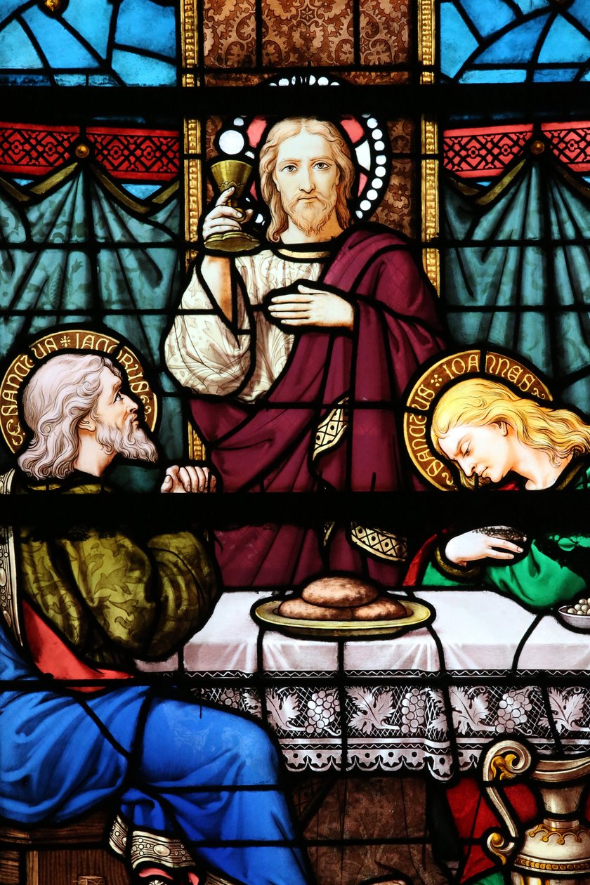 Moulins katedral. Glassmaleri vindu. Nattverden er det siste måltidet som Jesus delte med sine apostler i Jerusalem, 20160603, Moulins, Europa av Unbekannt