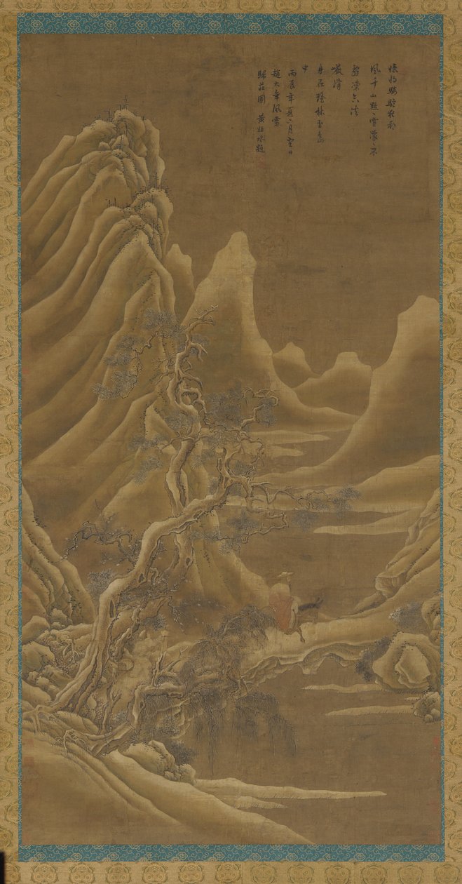 Fjell, en elv og furutrær - en mann på et esel, Qing-dynastiet, 1600-tallet. av Unbekannt