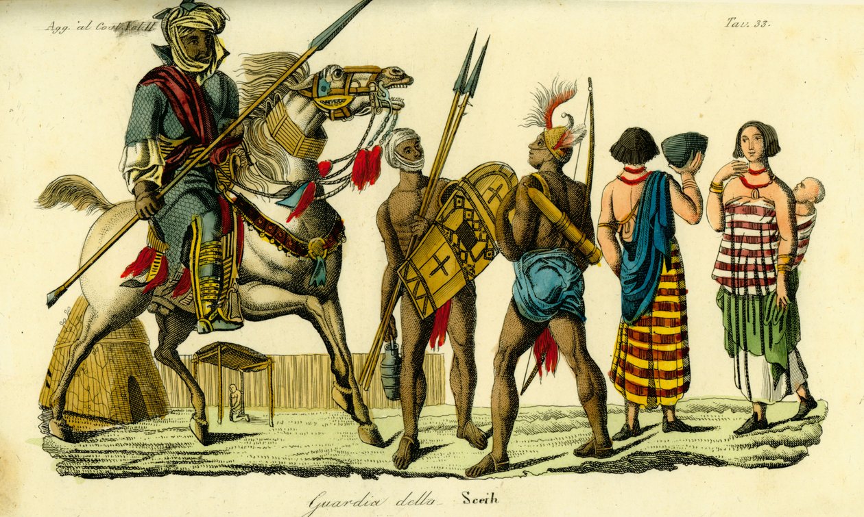Montert livvakt til sjeiken av Bornu sammen med Kanembu-lanseren og Munga-bueskytteren, Kanem-Bornu Empire av Unbekannt