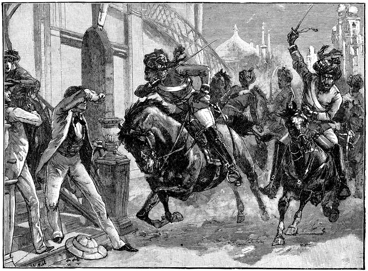 Monterte opprørere Sepoys stormer gjennom gatene i Delhi, Indian Myttery, mai 1857 c1895 av Unbekannt
