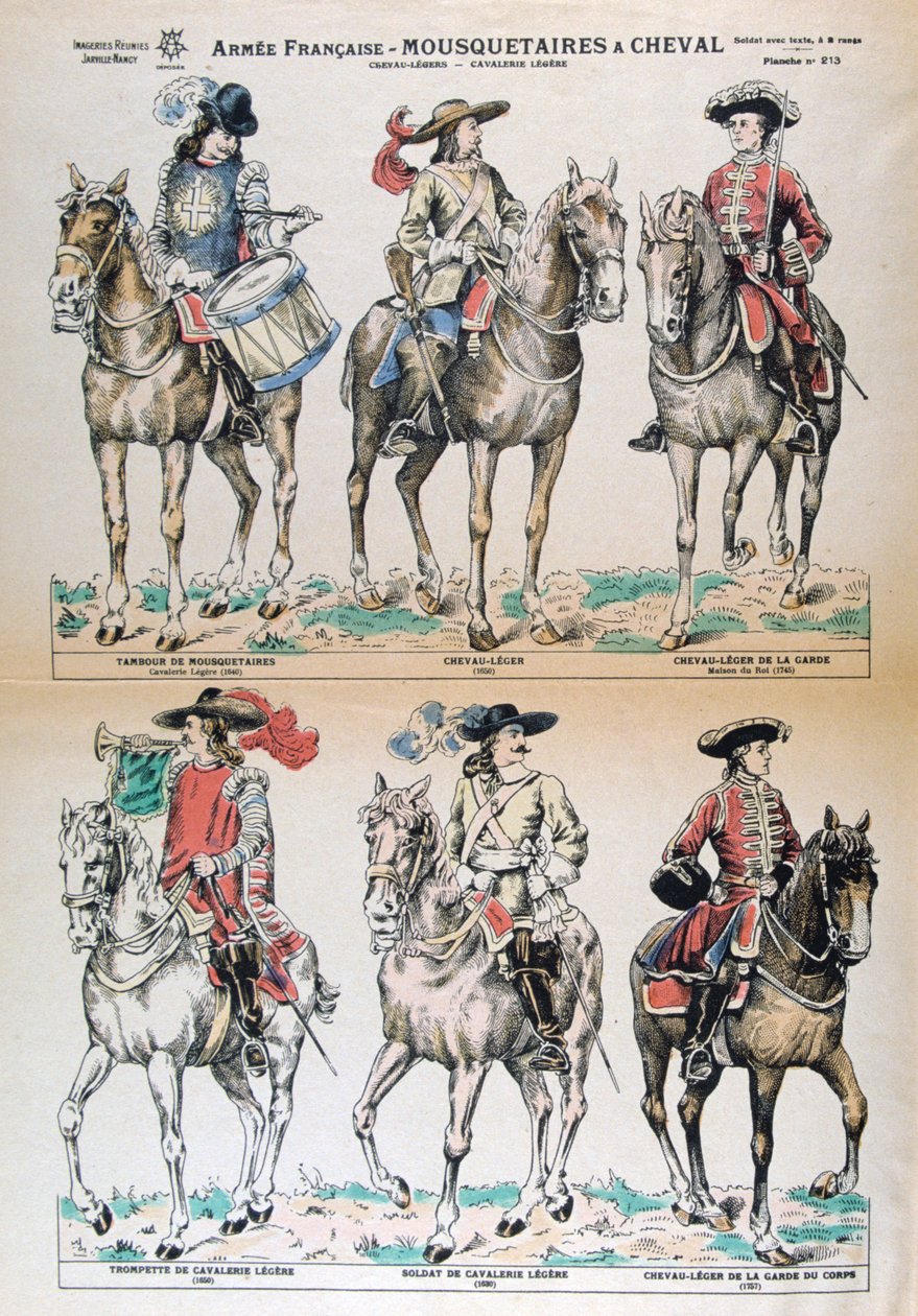 Mousquetaires a Cheval 17th Century. Franske hæruniformer. Fargelitografi. Privat samling av Unbekannt