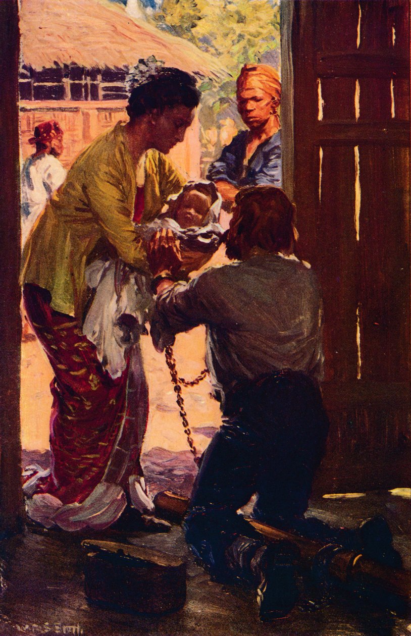 Mrs. Judson tar med barnet sitt til sin lenkede ektemann, c1912 av Unbekannt