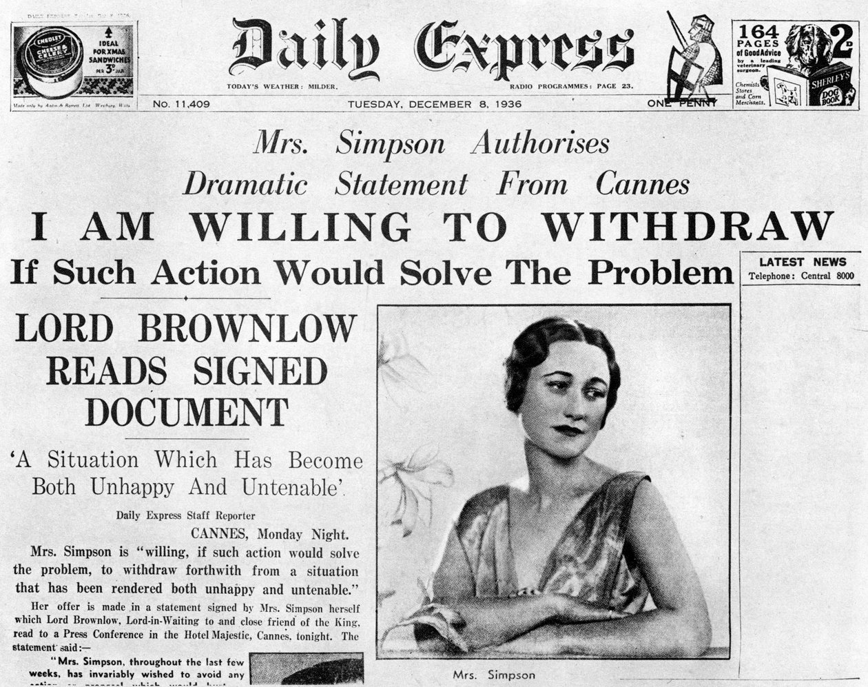 Fru Simpson tilbyr seg å trekke seg, 8. desember 1936 av Unbekannt