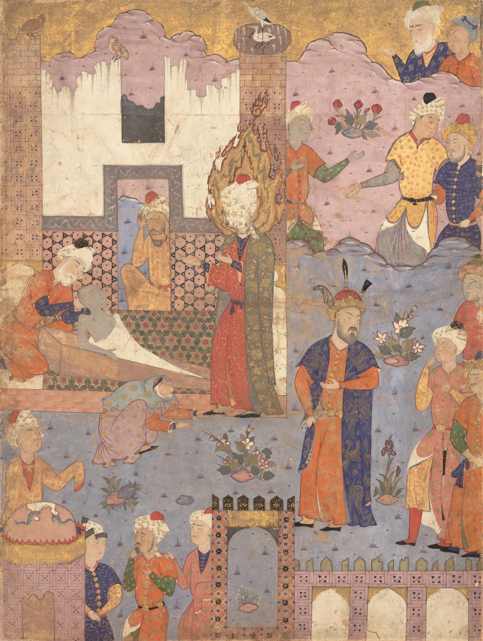 Muhammad gjenoppliver den syke gutten, folio fra en Falnama Book of Omens fra Ja