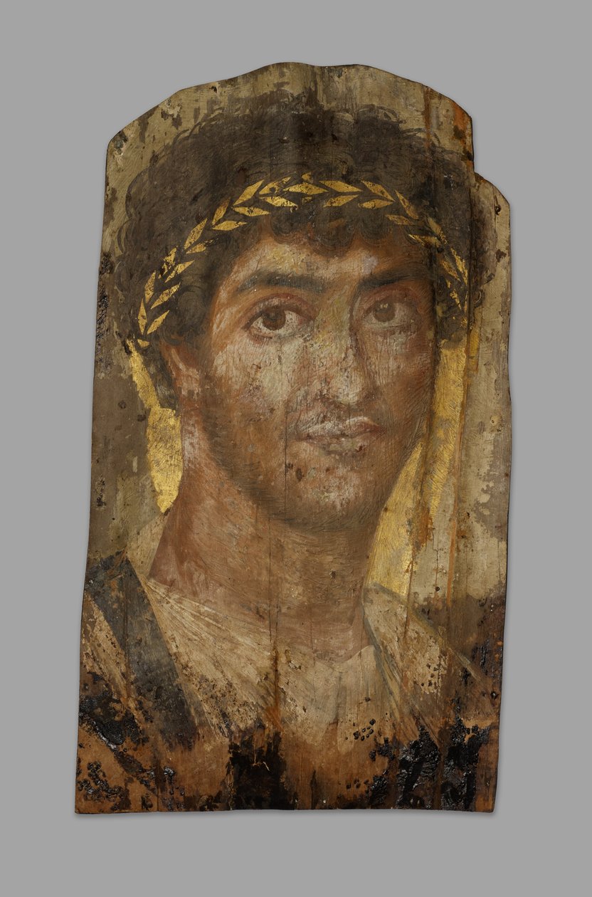 Mumieportrett av en mann som bærer en laurbærkrans, Fayum, tidlig til midten av 2. århundre. av Unbekannt