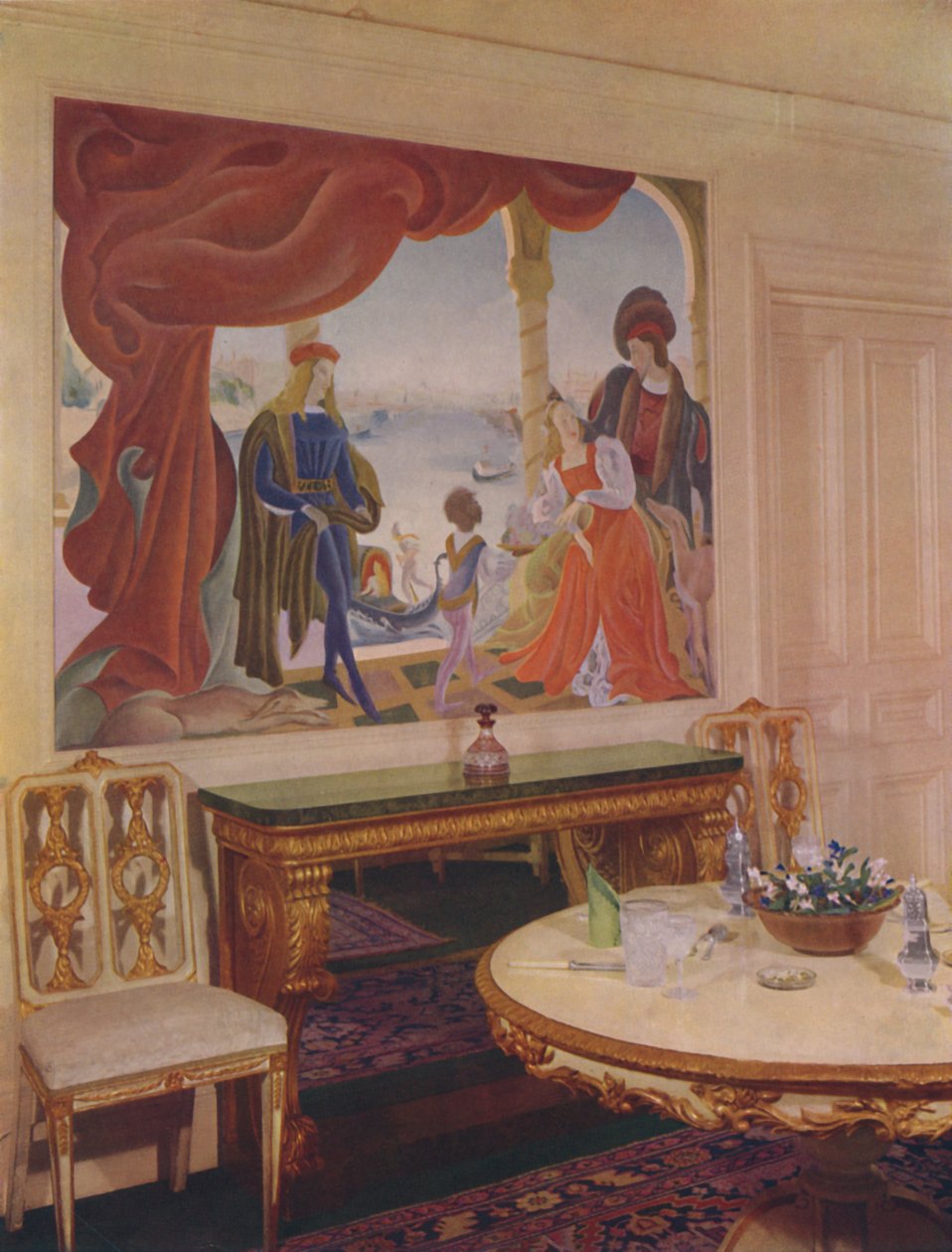 Veggmaleri av Beatrice MacDermott, som viser en venetiansk scene, og innrammet i en av spisestuen av Unbekannt