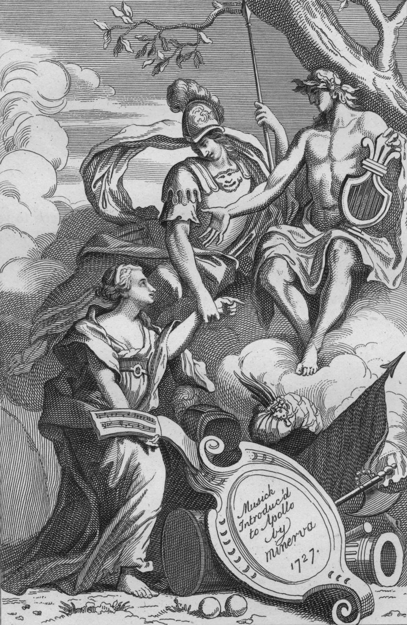 Musick Introduced to Apollo av Minerva, 1727, 1827. av Unbekannt