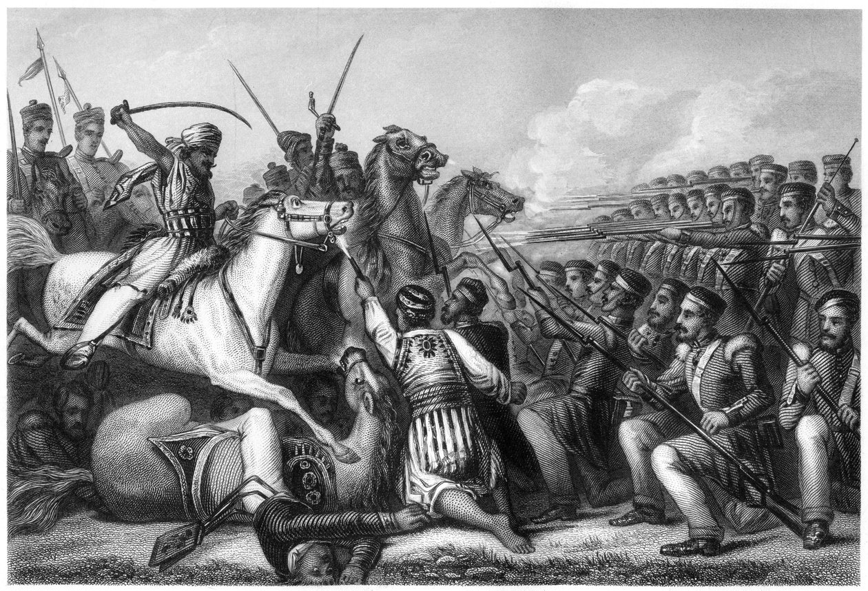 Mytteri-kavaleri angriper et infanteri-torg i slaget ved Cawnpore, 1857, c1860 av Unbekannt