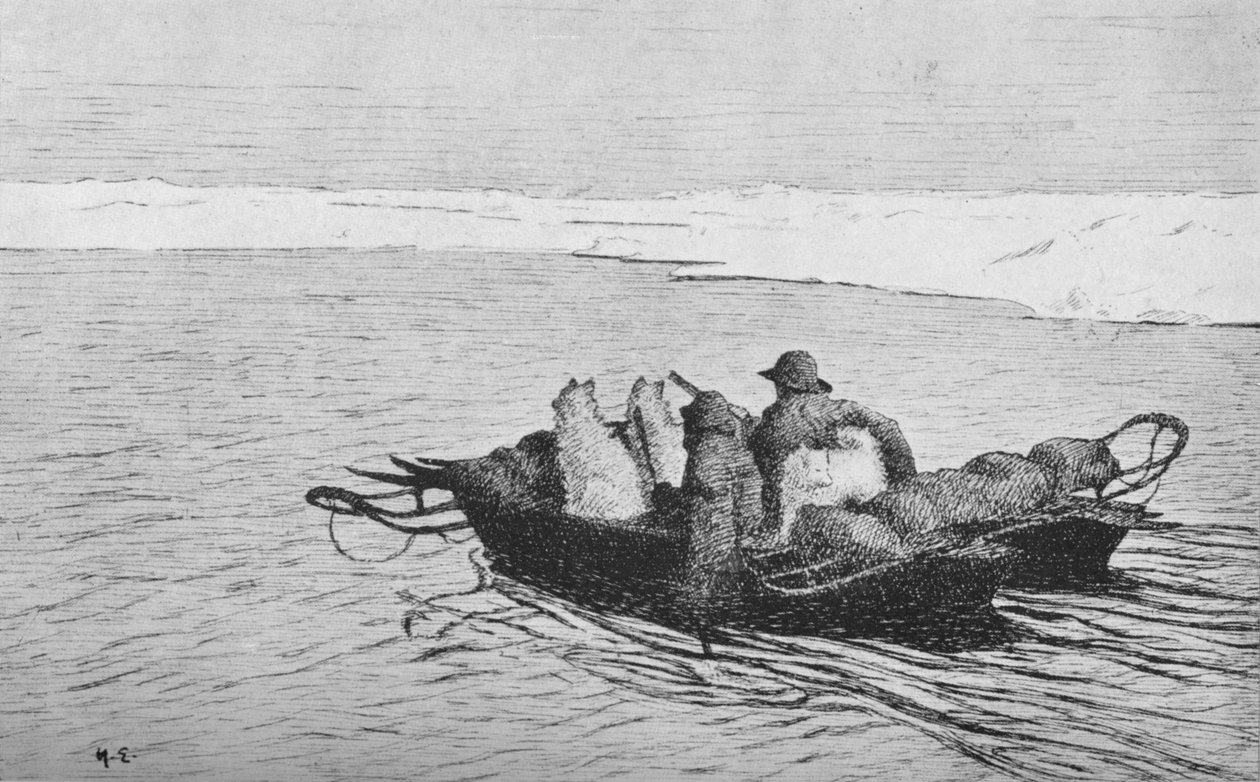 Nansen og Johansen krysser en sprekk i isen, 1896, 1928 av Unbekannt