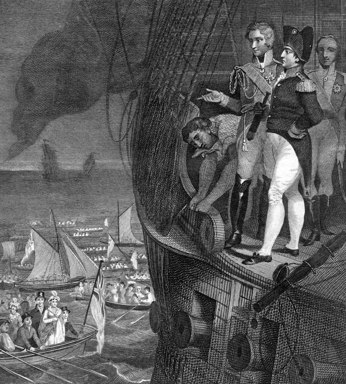 Napoleon Bonaparte 1721-1818 om bord på Bellerophon utenfor kysten av Plymouth, 1800-tallet av Unbekannt