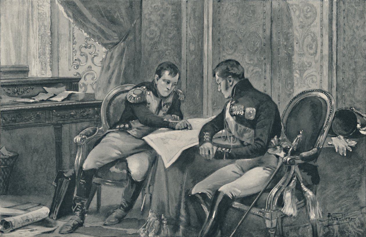 Napoleon og Alexander ved Tilsit studerer kartet over Europa, 1807, 1896 av Unbekannt