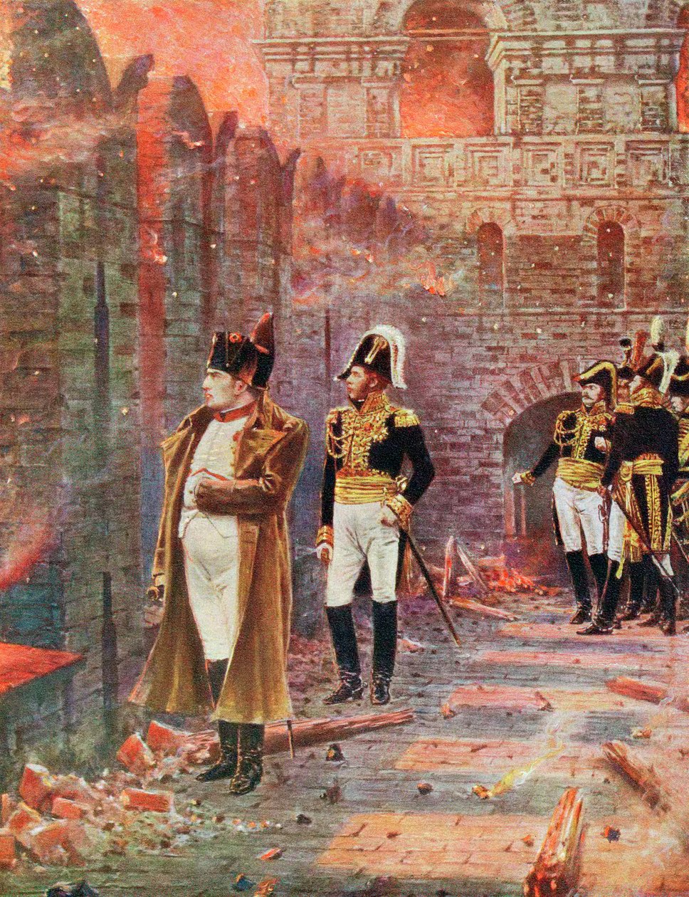 Napoleon og hans stab ser på brenningen av Moskva, 1812 sent på 1800-tallet av Unbekannt