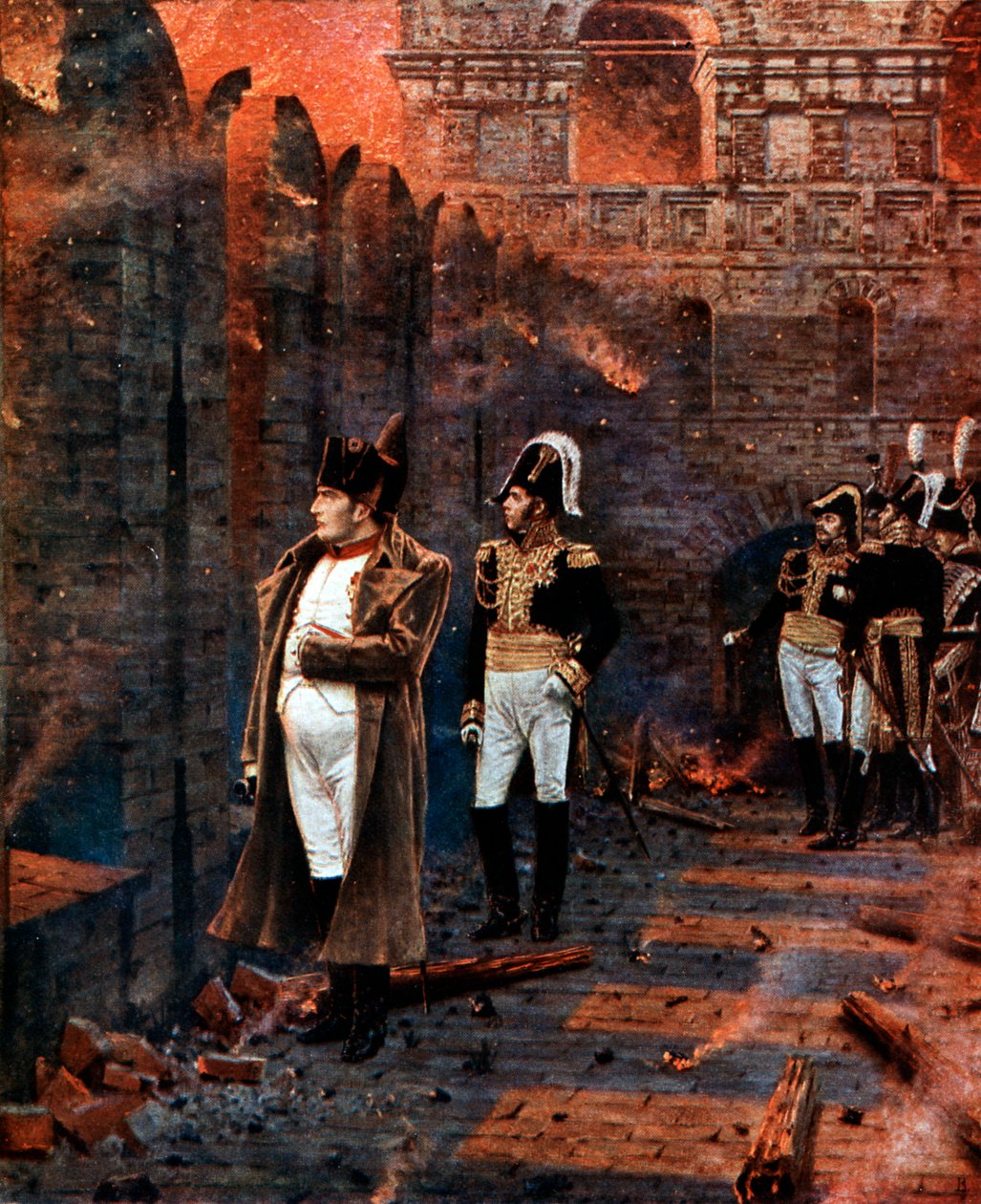 Napoleon og hans stab ser på brenningen av Moskva, 1812, slutten av 1800-tallet av Unbekannt