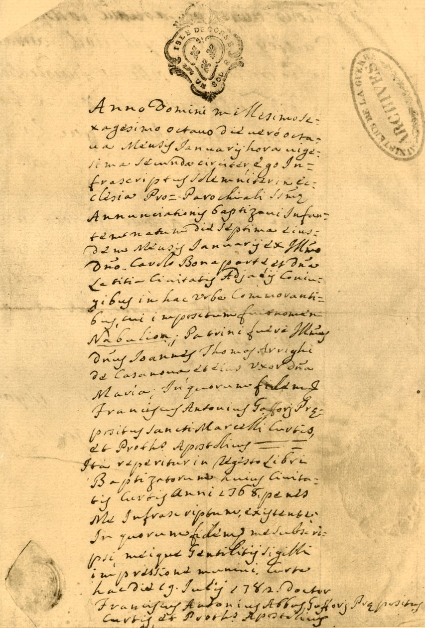 Napoleons fødselsattest, 21. juli 1771, 1921. av Unbekannt