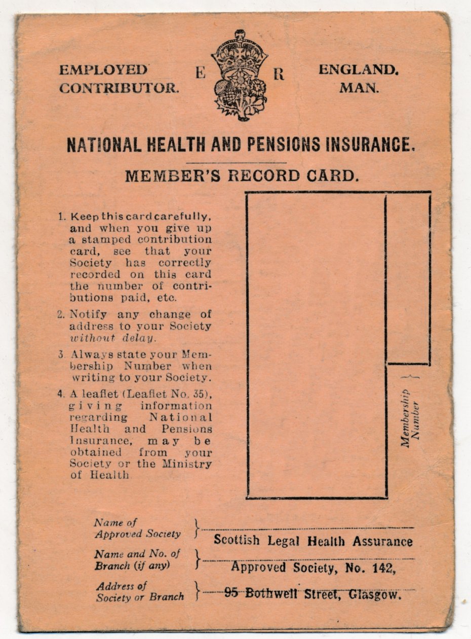 National Health and Pensions Insurance Card: Members Record Card, c1930s av Unbekannt