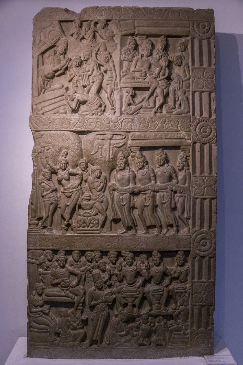 Nasjonalmuseet i India, Delhi. Buddhas livsscener. Ikshvaku, 3. århundre e.Kr. Nagarjunakonda, Andhra Pradesh. Gråaktig kalkstein. Detalj. India. av Unbekannt