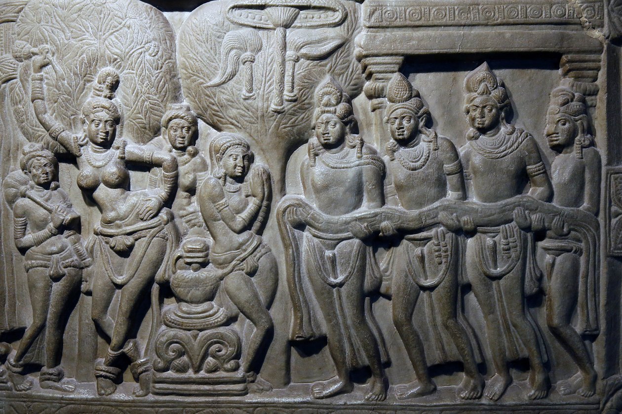 Nasjonalmuseet i India, Delhi. Buddhas livsscener. Ikshvaku, 3. århundre e.Kr. Nagarjunakonda, Andhra Pradesh. Gråaktig kalkstein. Detalj. India. av Unbekannt