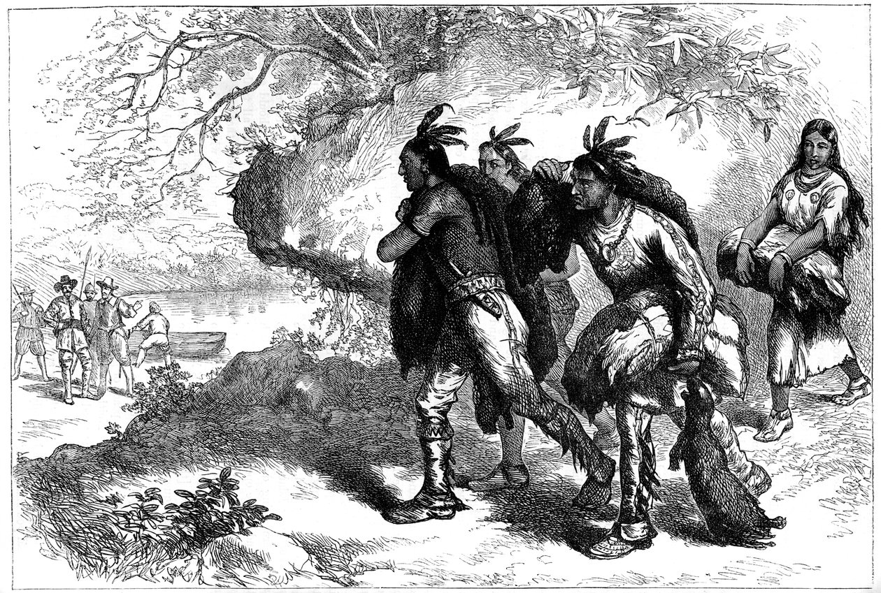Indianere som bringer beverskinn til europeiske handelsmenn, 1600-tallet c1880 av Unbekannt
